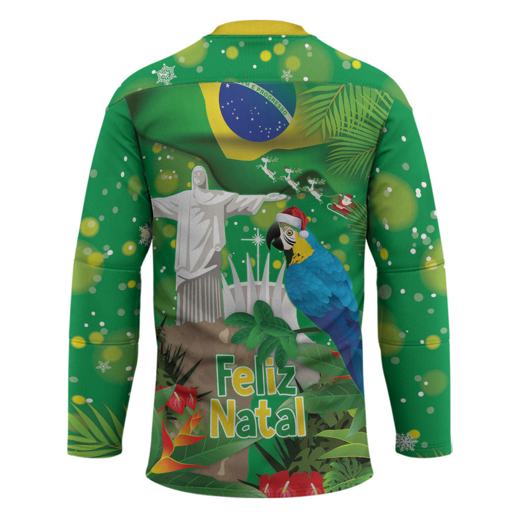 Christmas In July Brazil Hockey Jersey Feliz Natal Blue Macaw Santa Tropical Vibes