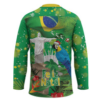 Christmas In July Brazil Hockey Jersey Feliz Natal Blue Macaw Santa Tropical Vibes