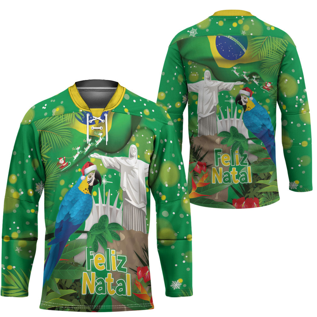Christmas In July Brazil Hockey Jersey Feliz Natal Blue Macaw Santa Tropical Vibes