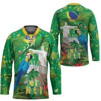 Christmas In July Brazil Hockey Jersey Feliz Natal Blue Macaw Santa Tropical Vibes