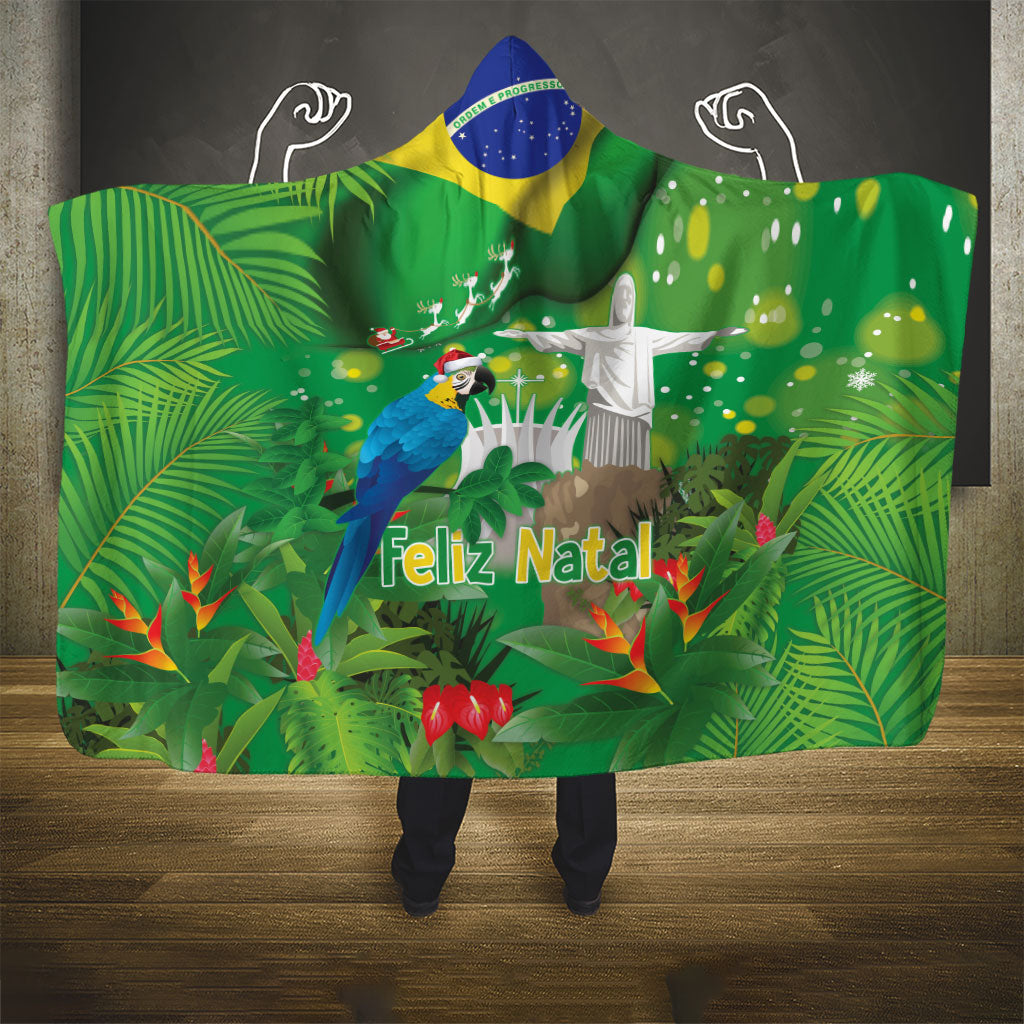Christmas In July Brazil Hooded Blanket Feliz Natal Blue Macaw Santa Tropical Vibes
