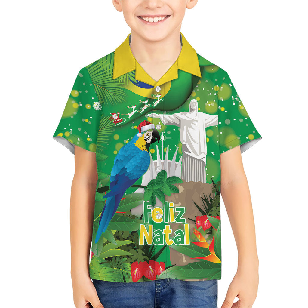 Christmas In July Brazil Kid Hawaiian Shirt Feliz Natal Blue Macaw Santa Tropical Vibes