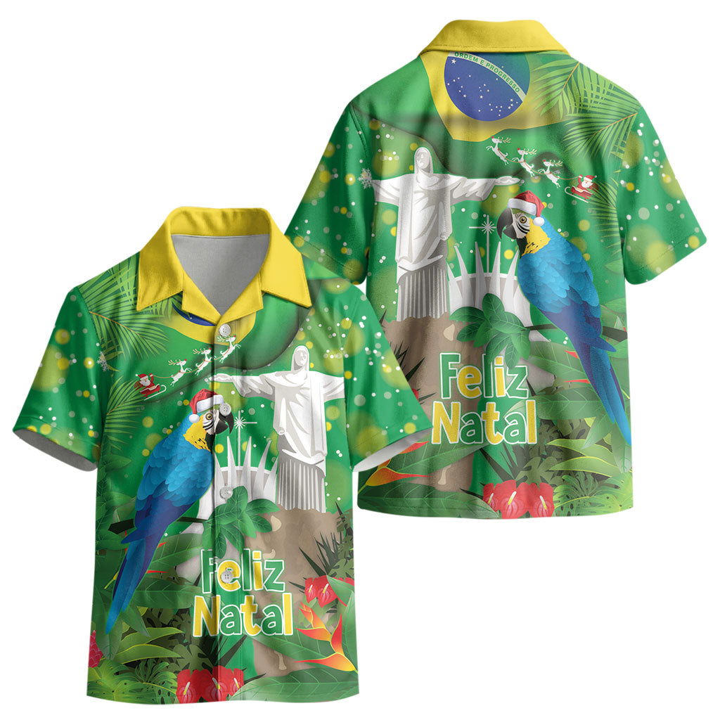 Christmas In July Brazil Kid Hawaiian Shirt Feliz Natal Blue Macaw Santa Tropical Vibes LT14