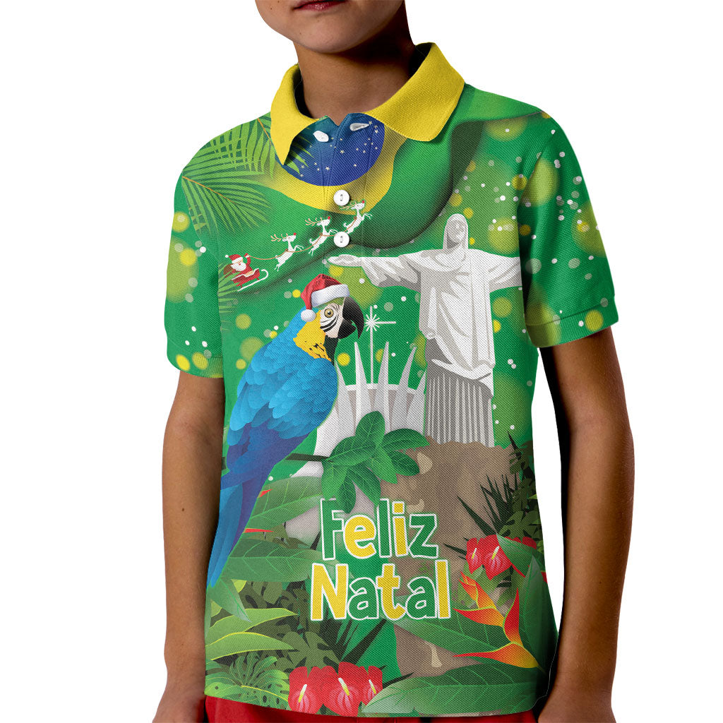 Christmas In July Brazil Kid Polo Shirt Feliz Natal Blue Macaw Santa Tropical Vibes