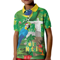 Christmas In July Brazil Kid Polo Shirt Feliz Natal Blue Macaw Santa Tropical Vibes