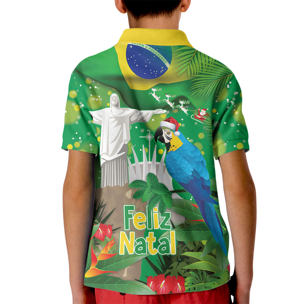 Christmas In July Brazil Kid Polo Shirt Feliz Natal Blue Macaw Santa Tropical Vibes