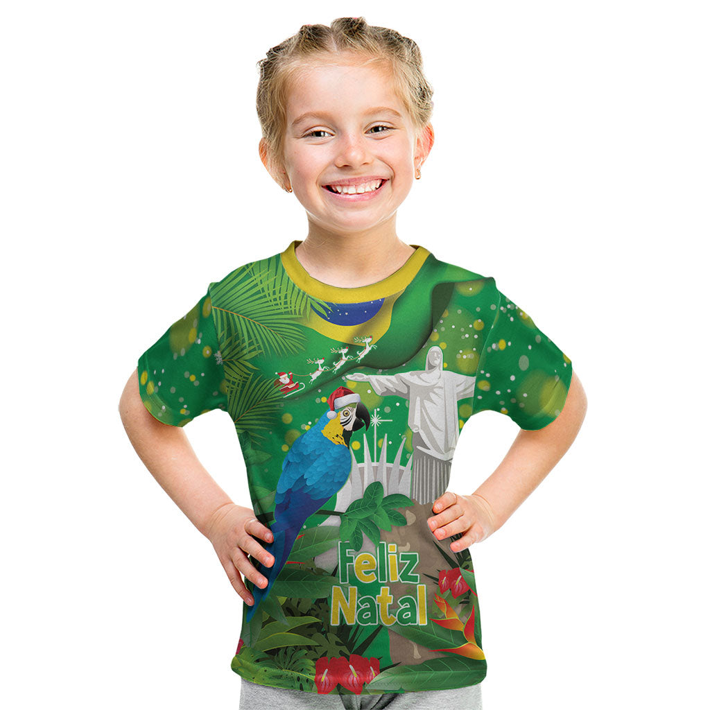 Christmas In July Brazil Kid T Shirt Feliz Natal Blue Macaw Santa Tropical Vibes