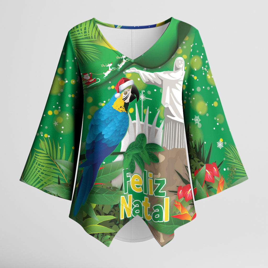 Christmas In July Brazil Kimono Sleeve Blouse Feliz Natal Blue Macaw Santa Tropical Vibes