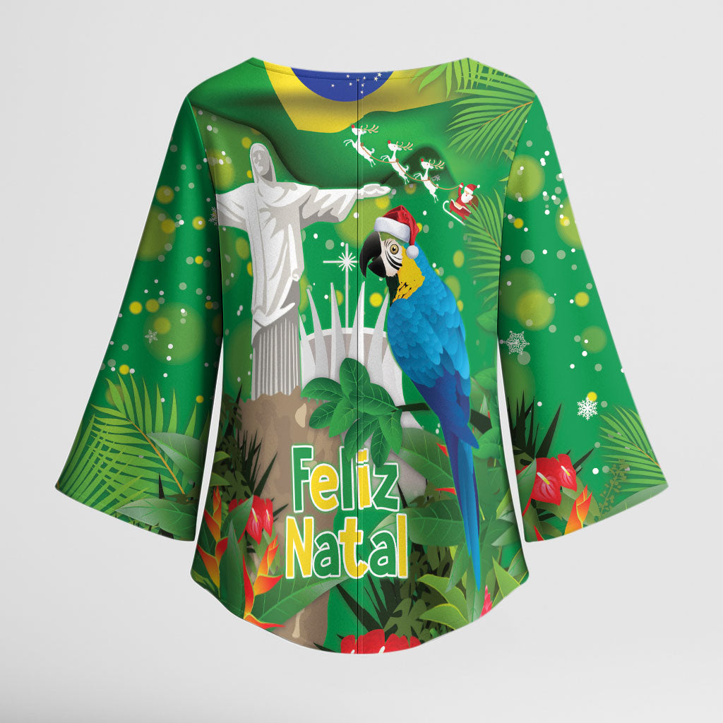 Christmas In July Brazil Kimono Sleeve Blouse Feliz Natal Blue Macaw Santa Tropical Vibes