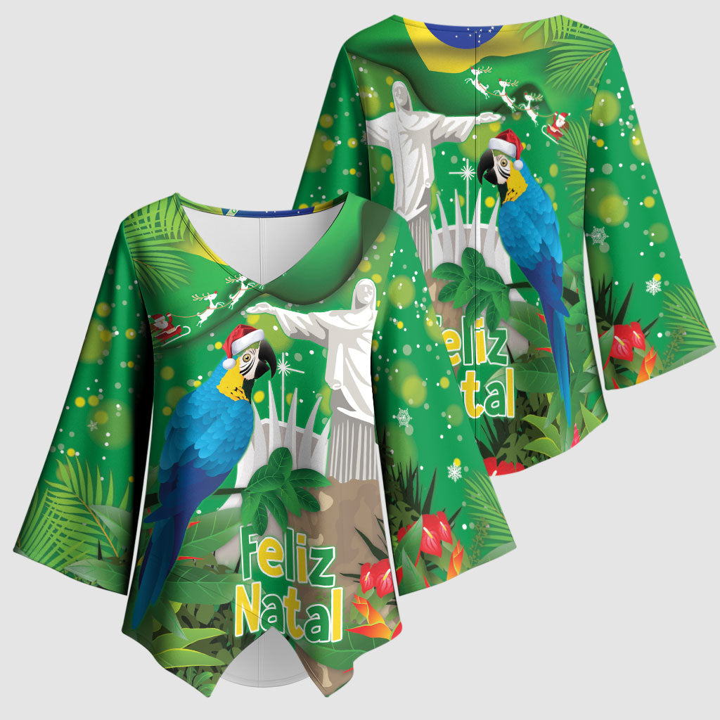 Christmas In July Brazil Kimono Sleeve Blouse Feliz Natal Blue Macaw Santa Tropical Vibes