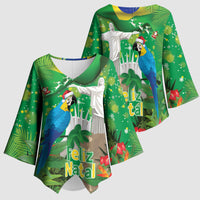Christmas In July Brazil Kimono Sleeve Blouse Feliz Natal Blue Macaw Santa Tropical Vibes