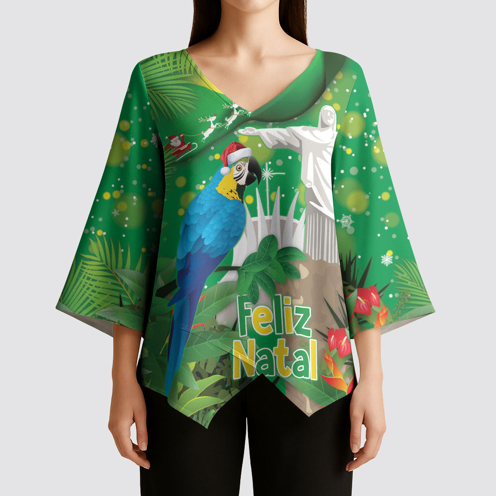 Christmas In July Brazil Kimono Sleeve Blouse Feliz Natal Blue Macaw Santa Tropical Vibes