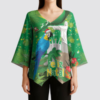Christmas In July Brazil Kimono Sleeve Blouse Feliz Natal Blue Macaw Santa Tropical Vibes