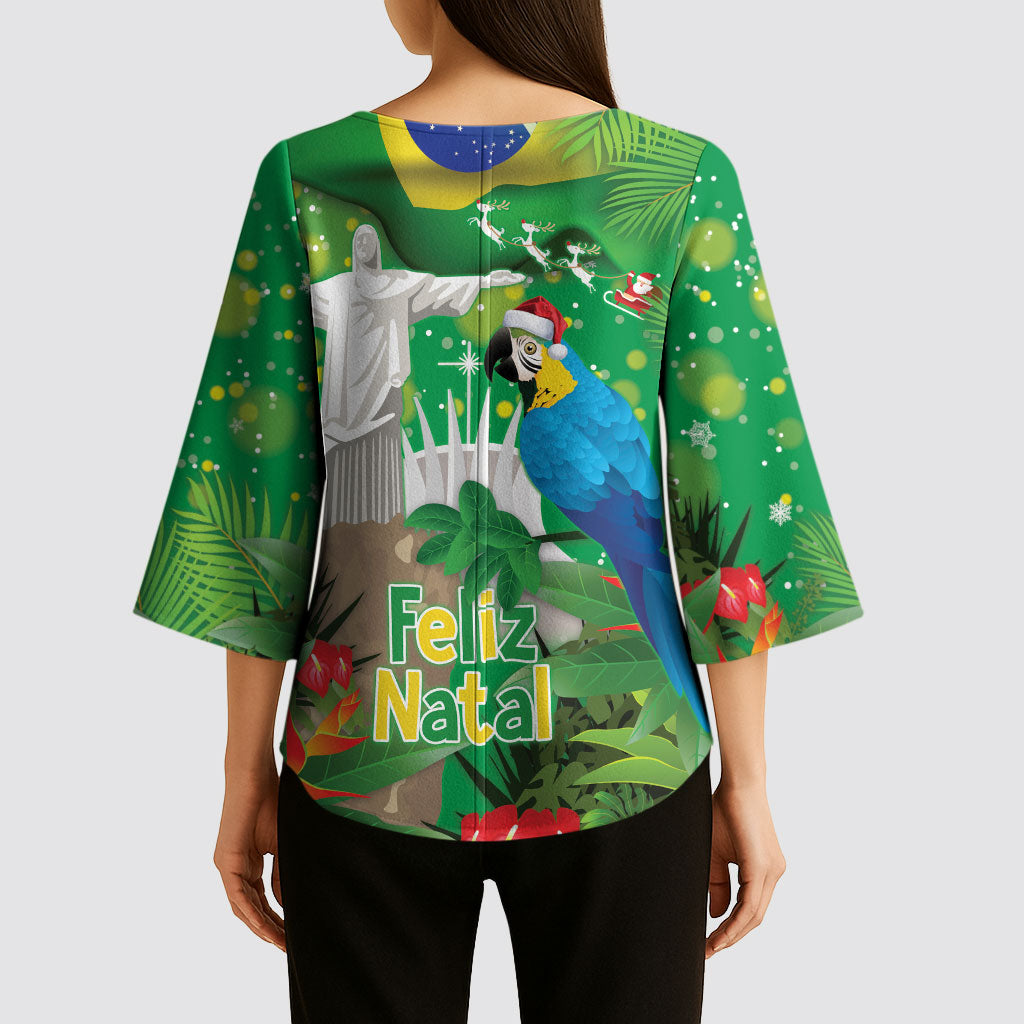 Christmas In July Brazil Kimono Sleeve Blouse Feliz Natal Blue Macaw Santa Tropical Vibes