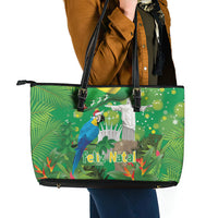 Christmas In July Brazil Leather Tote Bag Feliz Natal Blue Macaw Santa Tropical Vibes