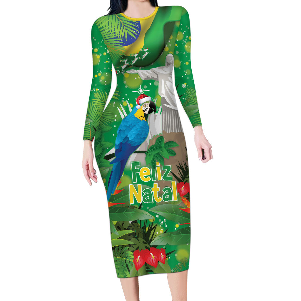 Christmas In July Brazil Long Sleeve Bodycon Dress Feliz Natal Blue Macaw Santa Tropical Vibes