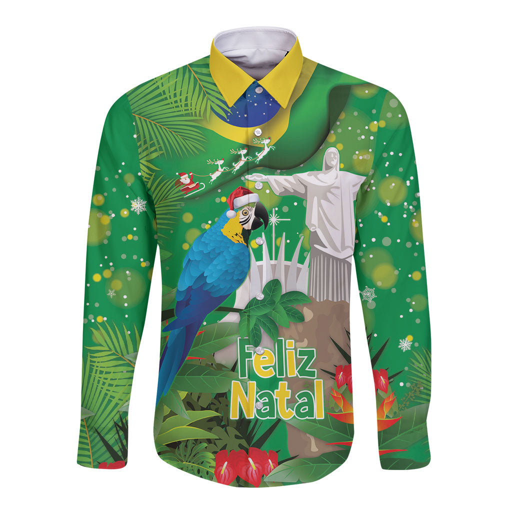 Christmas In July Brazil Long Sleeve Button Shirt Feliz Natal Blue Macaw Santa Tropical Vibes