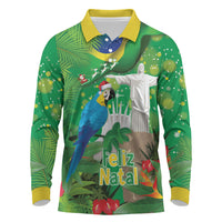 Christmas In July Brazil Long Sleeve Polo Shirt Feliz Natal Blue Macaw Santa Tropical Vibes
