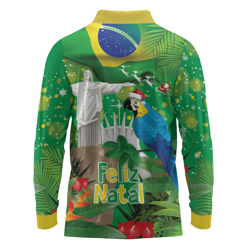 Christmas In July Brazil Long Sleeve Polo Shirt Feliz Natal Blue Macaw Santa Tropical Vibes
