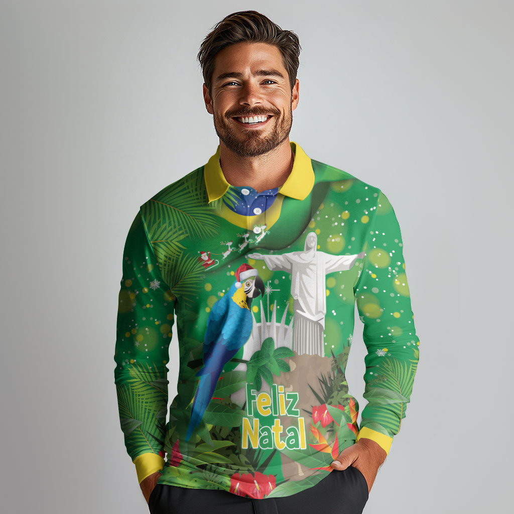 Christmas In July Brazil Long Sleeve Polo Shirt Feliz Natal Blue Macaw Santa Tropical Vibes