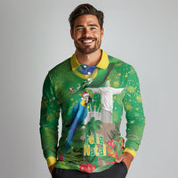 Christmas In July Brazil Long Sleeve Polo Shirt Feliz Natal Blue Macaw Santa Tropical Vibes