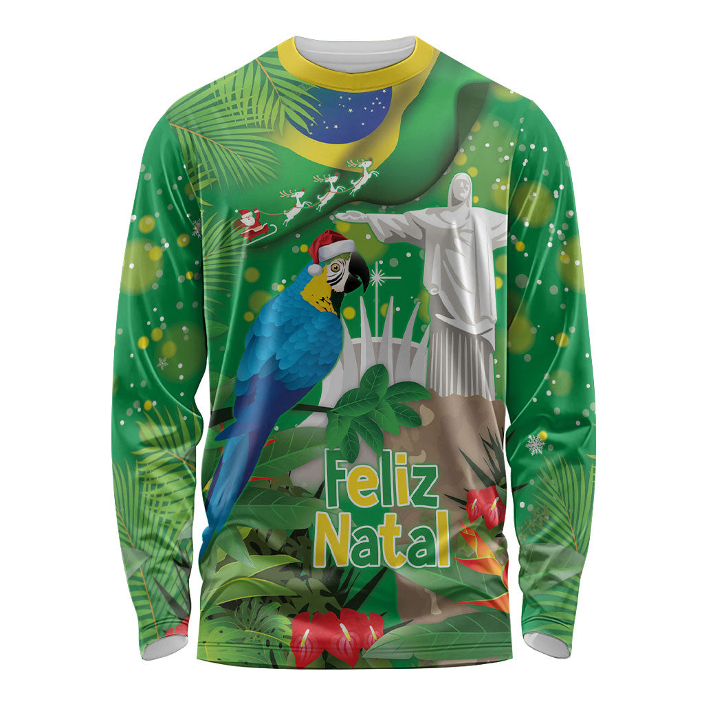 Christmas In July Brazil Long Sleeve Shirt Feliz Natal Blue Macaw Santa Tropical Vibes