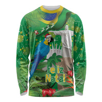 Christmas In July Brazil Long Sleeve Shirt Feliz Natal Blue Macaw Santa Tropical Vibes