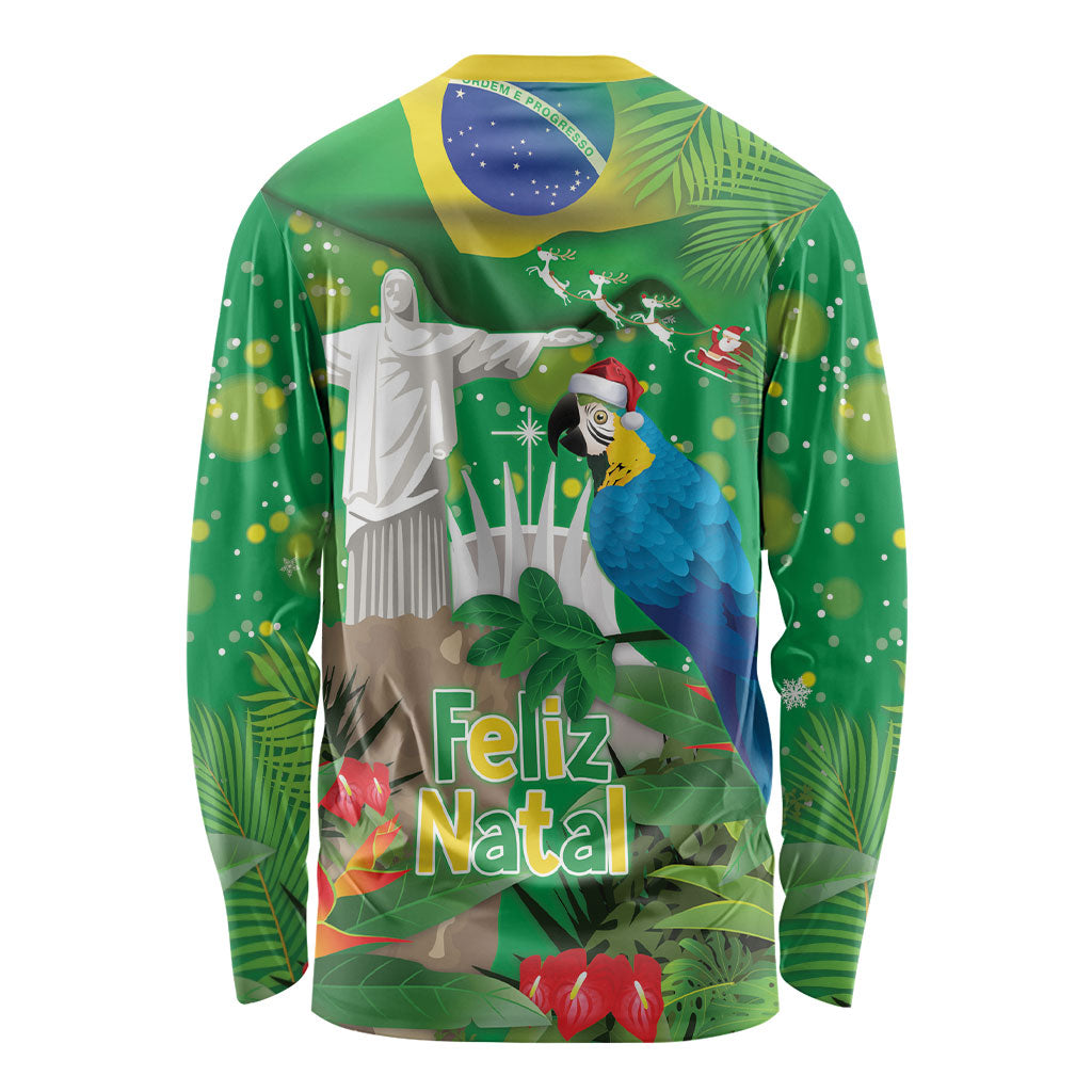 Christmas In July Brazil Long Sleeve Shirt Feliz Natal Blue Macaw Santa Tropical Vibes
