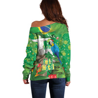 Christmas In July Brazil Off Shoulder Sweater Feliz Natal Blue Macaw Santa Tropical Vibes