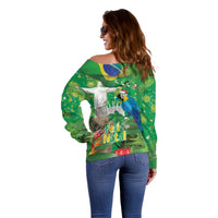 Christmas In July Brazil Off Shoulder Sweater Feliz Natal Blue Macaw Santa Tropical Vibes