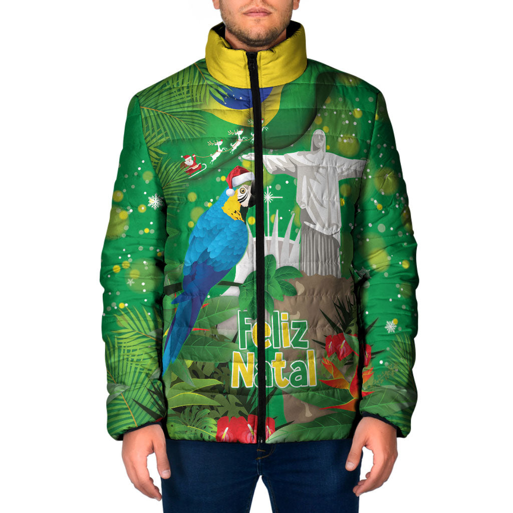 Christmas In July Brazil Padded Jacket Feliz Natal Blue Macaw Santa Tropical Vibes