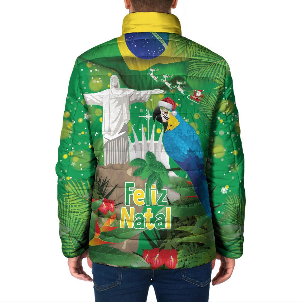 Christmas In July Brazil Padded Jacket Feliz Natal Blue Macaw Santa Tropical Vibes