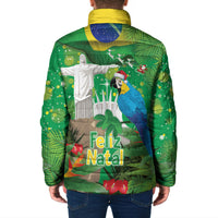 Christmas In July Brazil Padded Jacket Feliz Natal Blue Macaw Santa Tropical Vibes