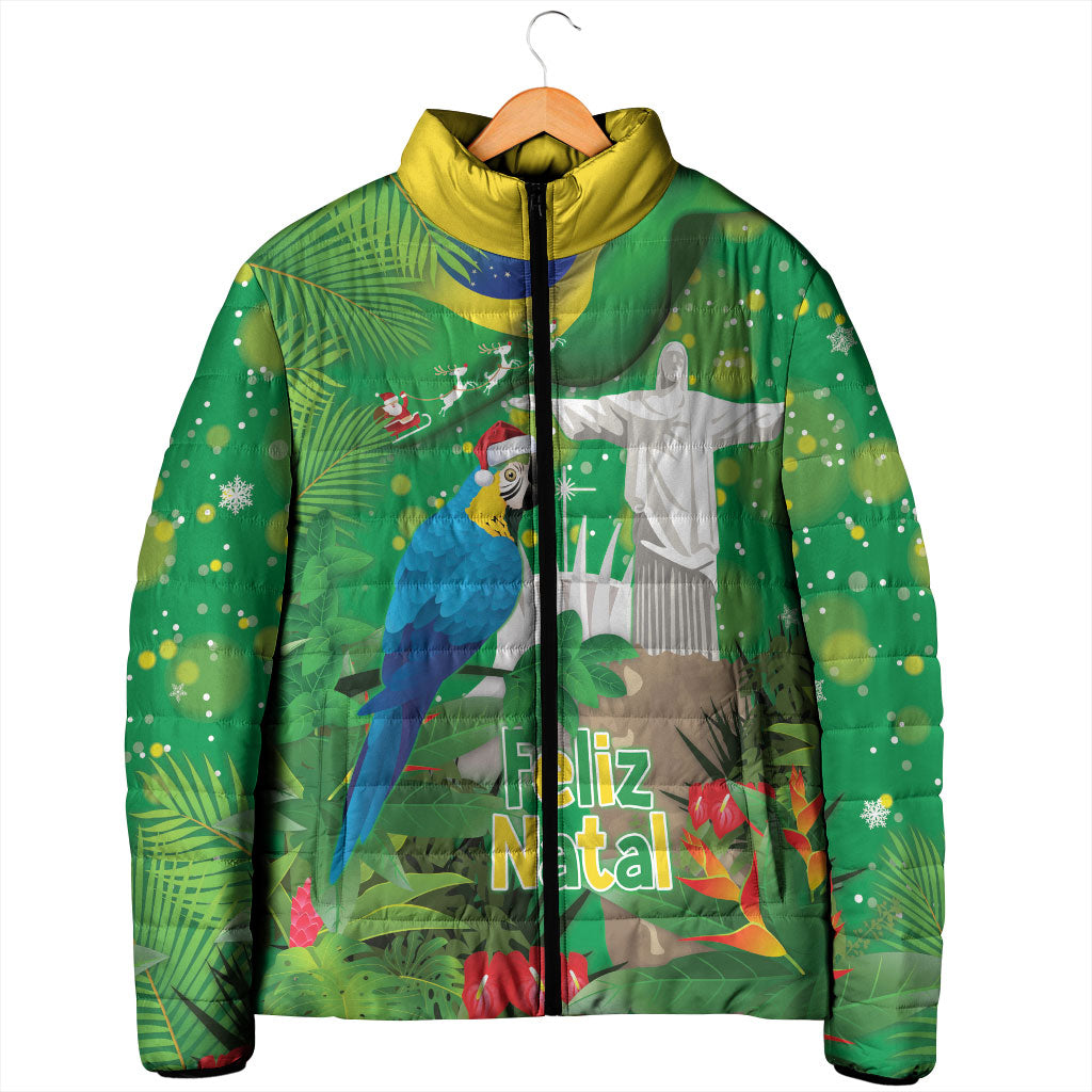 Christmas In July Brazil Padded Jacket Feliz Natal Blue Macaw Santa Tropical Vibes