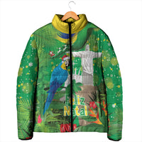 Christmas In July Brazil Padded Jacket Feliz Natal Blue Macaw Santa Tropical Vibes