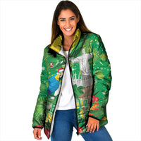 Christmas In July Brazil Padded Jacket Feliz Natal Blue Macaw Santa Tropical Vibes