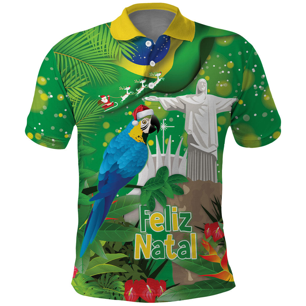 Christmas In July Brazil Polo Shirt Feliz Natal Blue Macaw Santa Tropical Vibes