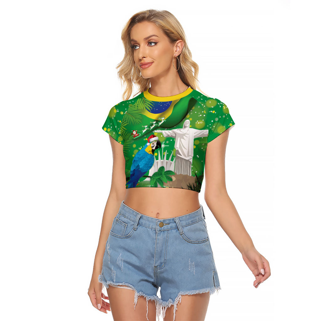 Christmas In July Brazil Raglan Cropped T Shirt Feliz Natal Blue Macaw Santa Tropical Vibes