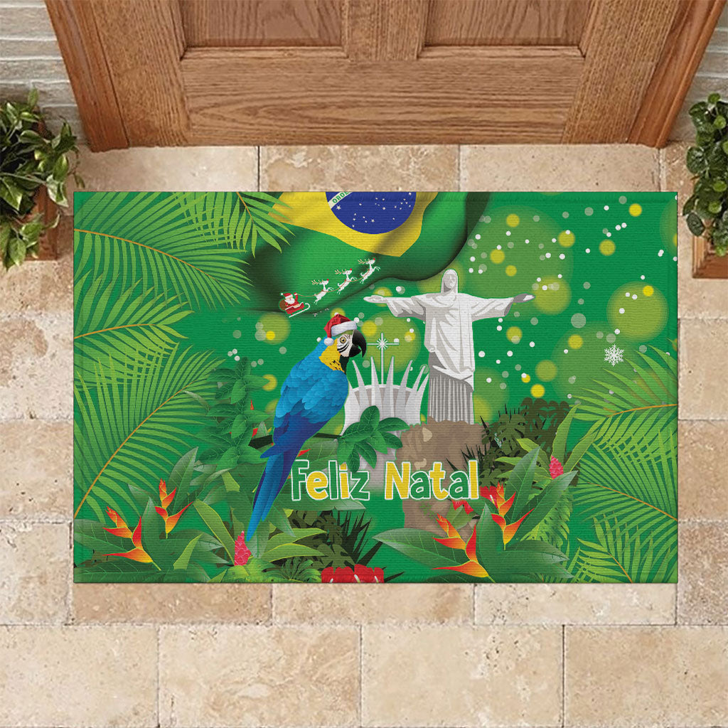 Christmas In July Brazil Rubber Doormat Feliz Natal Blue Macaw Santa Tropical Vibes