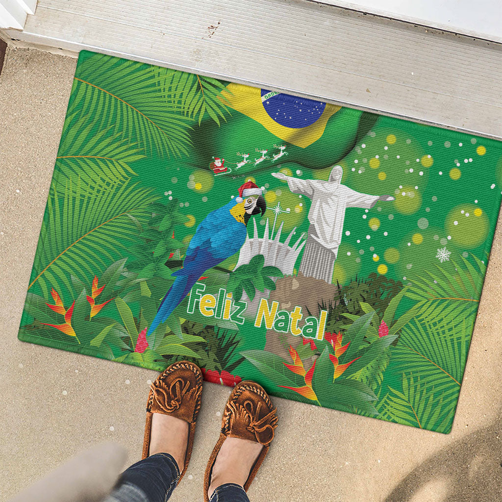 Christmas In July Brazil Rubber Doormat Feliz Natal Blue Macaw Santa Tropical Vibes