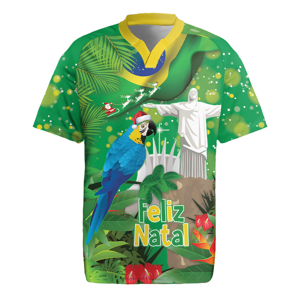 Christmas In July Brazil Rugby Jersey Feliz Natal Blue Macaw Santa Tropical Vibes