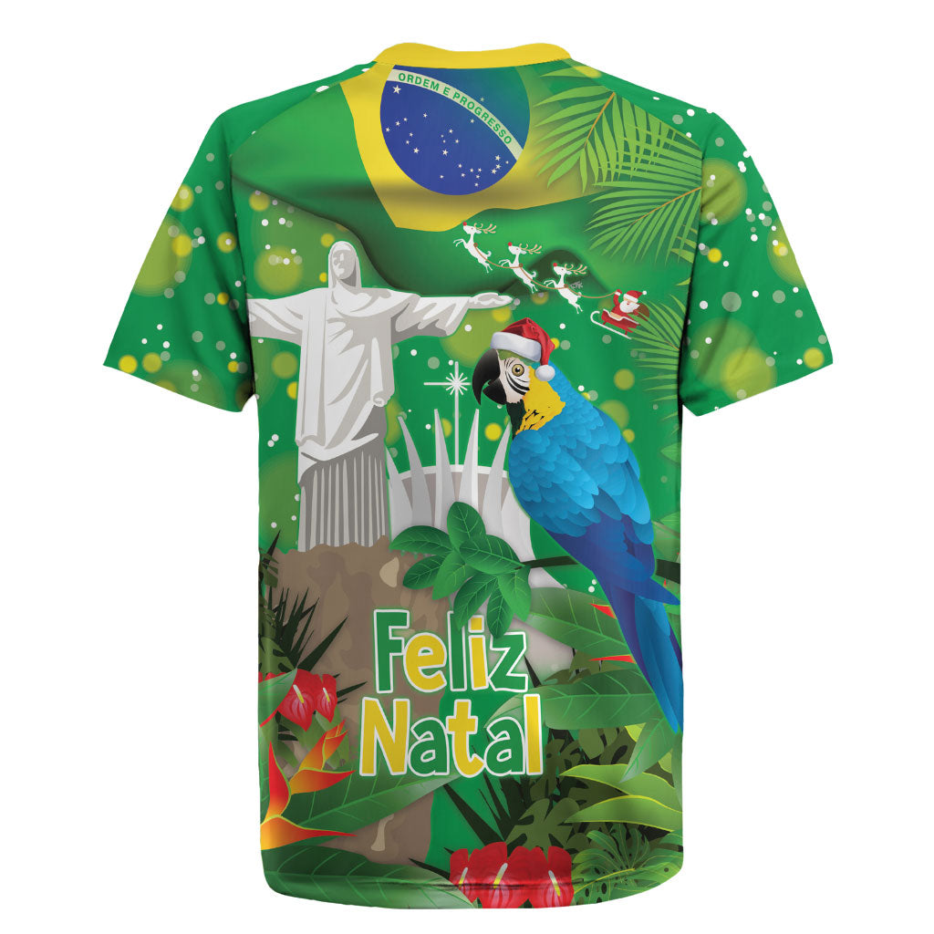 Christmas In July Brazil Rugby Jersey Feliz Natal Blue Macaw Santa Tropical Vibes