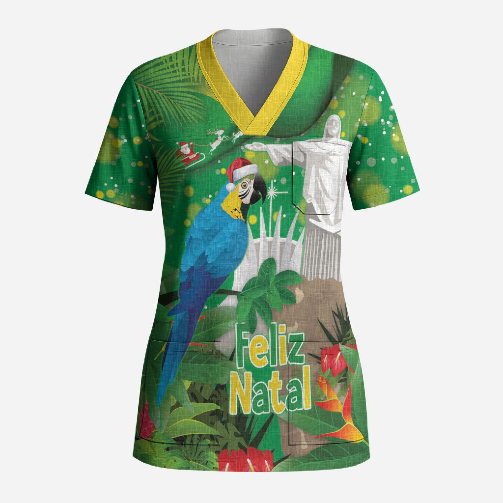 Christmas In July Brazil Scrub Top Feliz Natal Blue Macaw Santa Tropical Vibes