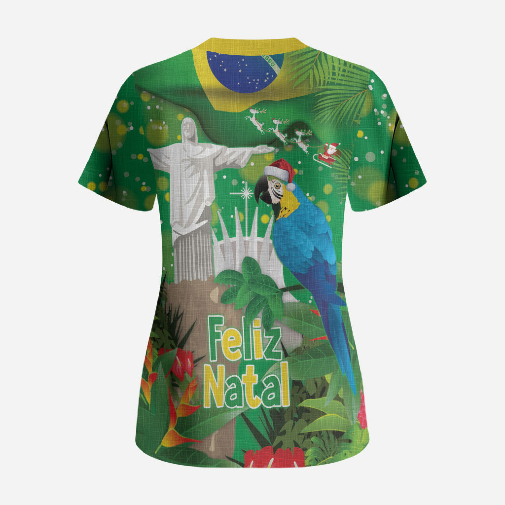 Christmas In July Brazil Scrub Top Feliz Natal Blue Macaw Santa Tropical Vibes