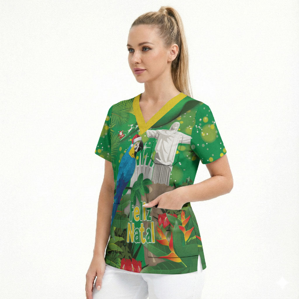 Christmas In July Brazil Scrub Top Feliz Natal Blue Macaw Santa Tropical Vibes
