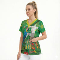 Christmas In July Brazil Scrub Top Feliz Natal Blue Macaw Santa Tropical Vibes