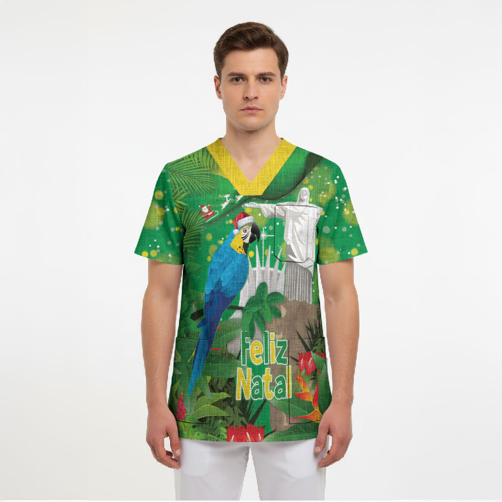 Christmas In July Brazil Scrub Top Feliz Natal Blue Macaw Santa Tropical Vibes