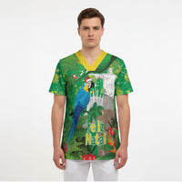 Christmas In July Brazil Scrub Top Feliz Natal Blue Macaw Santa Tropical Vibes