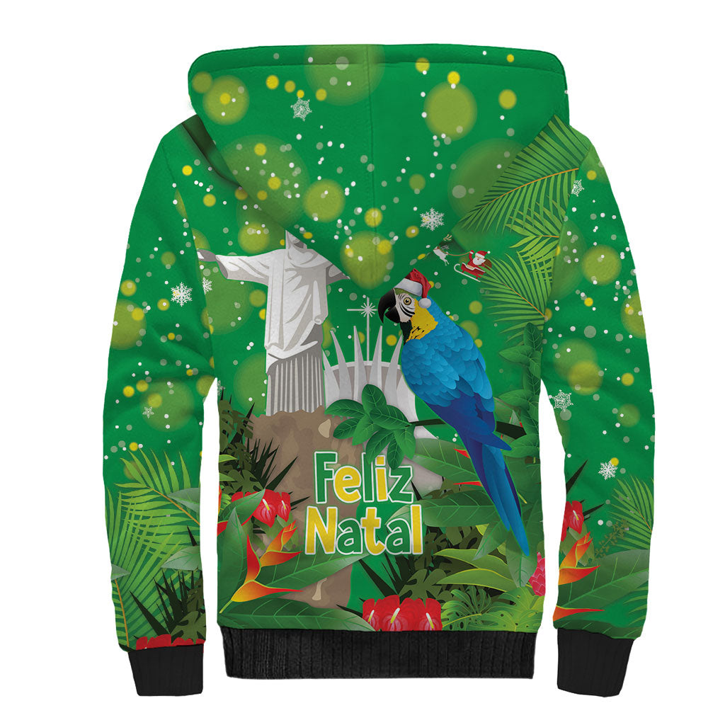 Christmas In July Brazil Sherpa Hoodie Feliz Natal Blue Macaw Santa Tropical Vibes