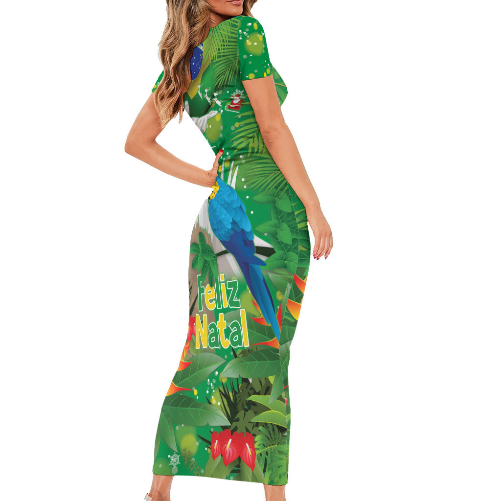 Christmas In July Brazil Short Sleeve Bodycon Dress Feliz Natal Blue Macaw Santa Tropical Vibes